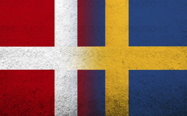 The Kingdom of Denmark National flag with The Kingdom of Sweden national flag. Grunge Background
