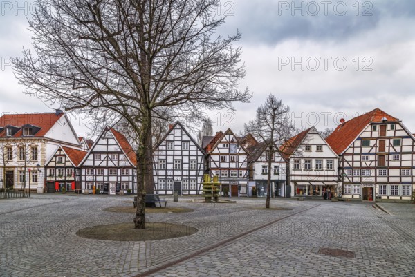 Market square with decorative half-timbered houses in Soest, Germany
