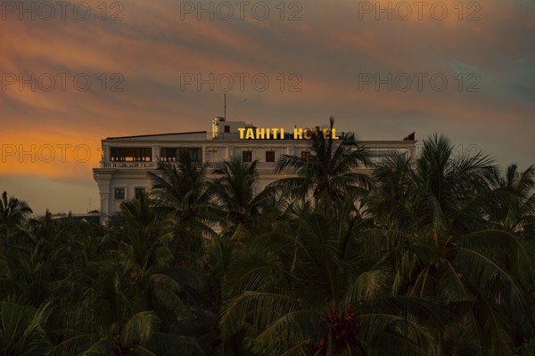 A tranquil view of a hotel amongst palm trees during sunset, nigtht, city, architecture, night lights, Phu Quoc, Vietnam