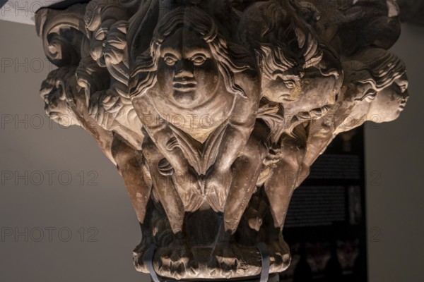 Capital of satyr, carved stone, 12th century, from the cathedral of San Pedro de Jaca, Diocesan Museum of Jaca, Huesca, Spain