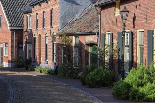 Cobbled alleyway with brick houses, shutters and small gardens with flowers, bredevoort, gelderland, the netherlands