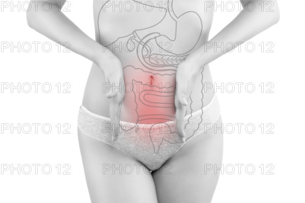 Intestine pain. Beautiful woman photography isolated on white background with inner organs illustration on her body. Digestive problems
