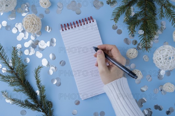 Woman writing letter to SANTA or promises and aims. Empty notebook Preparation for new year. Visualizing wish list for 2025. Dreams plan action resolutions for coming year. Inspirational self improvement concept