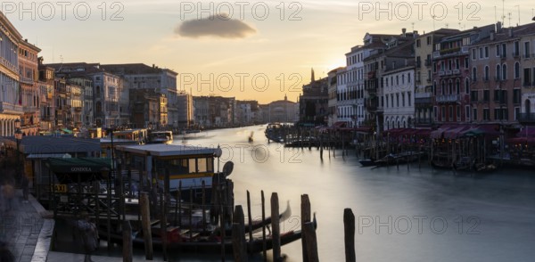 Evening light, view over the Grand Canal, from the Rialto Bridge, long exposure, panoramic shot, Venice, Veneto, Italy