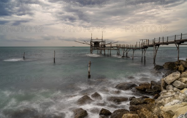 Long exposure view of the Trabocco Turchino fishing machine and hut on the Abruzzo coast in Italy