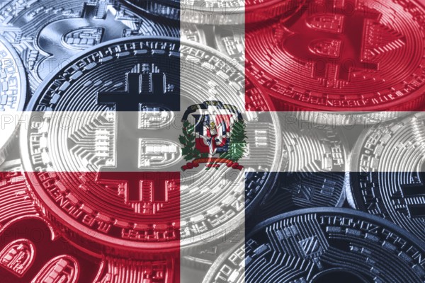 Dominican Republic bitcoin flag, national flag cryptocurrency concept black background