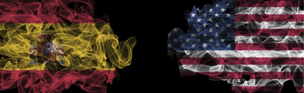 Flags of Spain and USA on Black background, Spain vs USA Smoke Flags