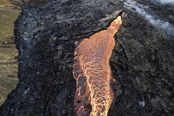 Drone image of glowing lava in Grindavik, Sudurnes, Iceland