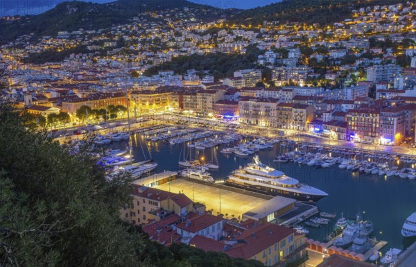 Idyllic view o? entrance to harbor, Rade de Villefranche in Nice, hight scene with illumination