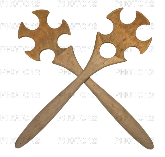 Wooden african salad servers isolated against white background