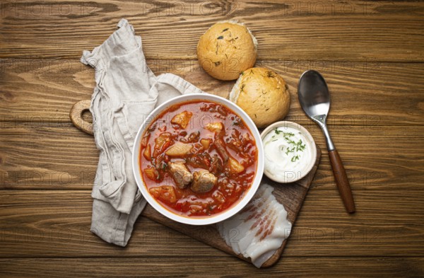Ukrainian Borscht, red beetroot soup with meat, in white bowl with sour cream, garlic buns Pampushka and salo slices on rustic stone background. Traditional authentic dish of Ukraine, food photography, food photography