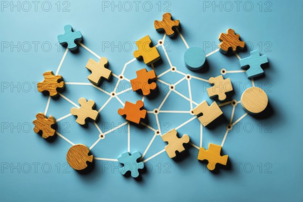 Social networking. Wooden shapes on a blue background, 3d geometric shapes