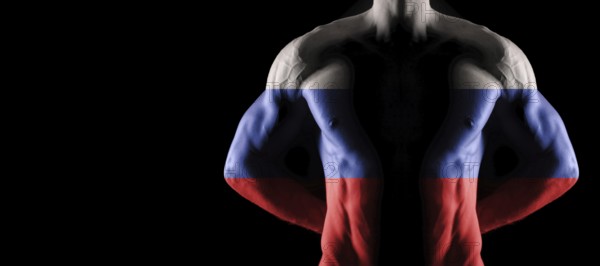 Russia flag on muscled male torso with abs, black background