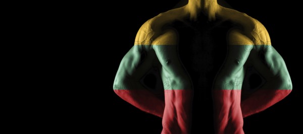 Lithuania flag on muscled male torso with abs, black background
