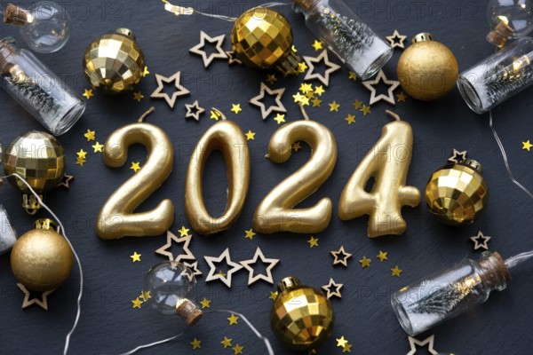 The golden figures 2024 made of candles on a black stone slate background are decorated with a festive decor of stars, sequins, fir branches, balls and garlands. Greeting card, happy New Year