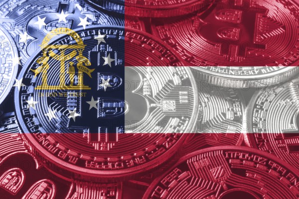 Georgia bitcoin flag, Georgia cryptocurrency concept background