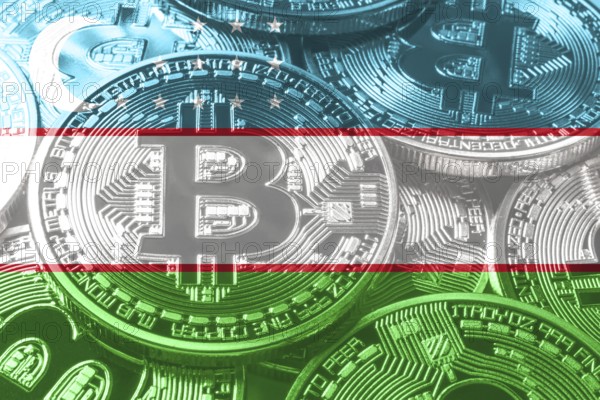 Uzbekistan bitcoin flag, national flag cryptocurrency concept black background