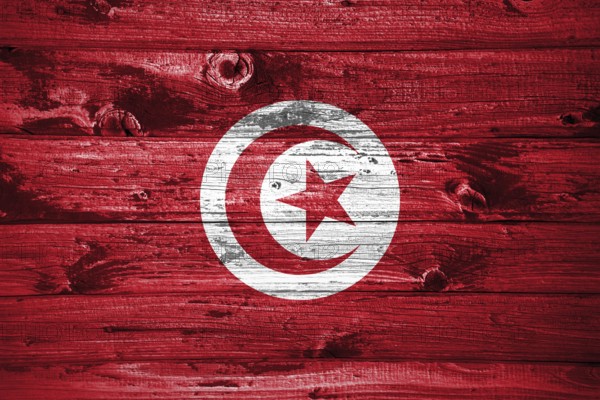 Tunisia flag on wooden planks background wood flag