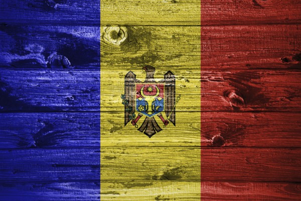 Moldova flag on wooden planks background wood flag