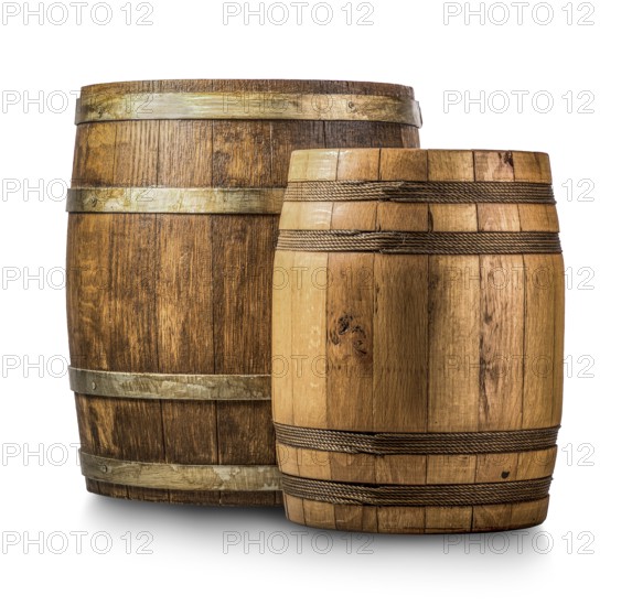 Two wooden casks isolated on a white background