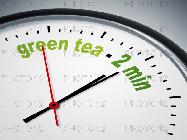 An image of a nice clock with green tea - 2 min