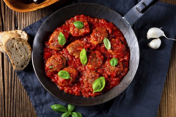 Baked mini balls in tomato sauce with basil