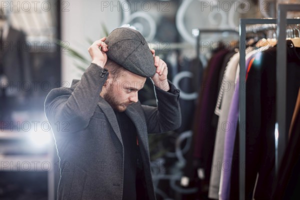 Individual trying on a flat cap in a fashionable clothing store setting