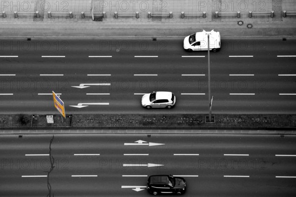 Top view and aerial view of a multi-lane road with road traffic