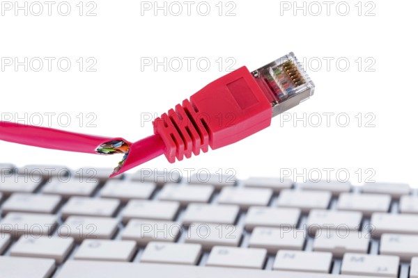 Defective network cable on keyboard, symbol photo for online, networks, malfunction and espionage