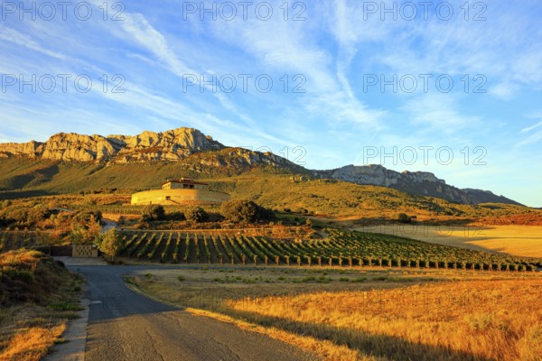 Bright flaming colors of the sunset. The magnificent Bodegas Ysios. Journey to the warm Spanish autumn. Fantastic beauty