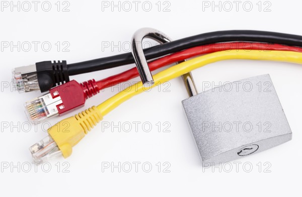 Image shows network cables in black, red and yellow with a lock