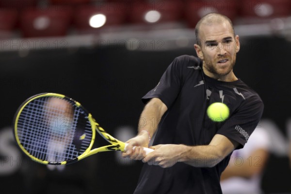 Sofia, Bulgaria - 12 November, 2020: France's Adrian Mannarino in action during his quarter-final match against Moldova's Radu Albot during the Sofia Open ATP 250 tennis tournament, Sofia, Bulgaria