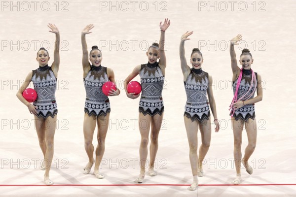 Sofia, Bulgaria - 6 May, 2017: Team Bulgaria performs during Rhythmic Gymnastics World Cup Sofia 2017. Group tournament