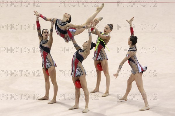 Sofia, Bulgaria - 1 April, 2018: Team Italy performs with balls and ropes during Rhythmic Gymnastics World Cup Sofia 2018. Group tournament