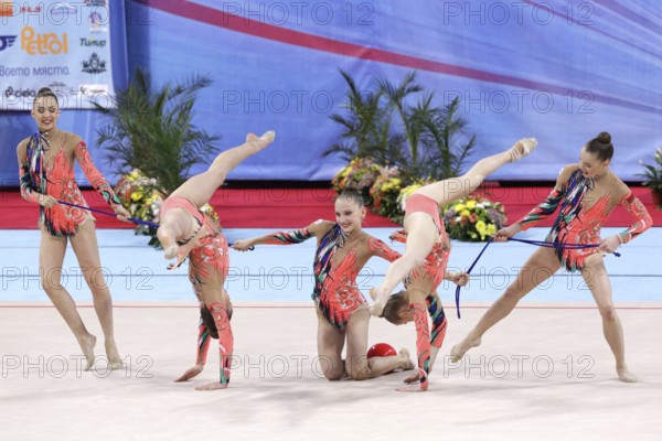 Sofia, Bulgaria - 7 May, 2017: Team Finland performs during Rhythmic Gymnastics World Cup Sofia 2017. Group tournament