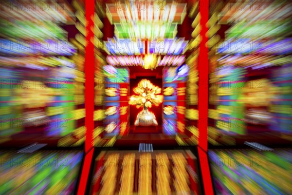 Slot machines in casino equipment exhibition. Zoom out effect