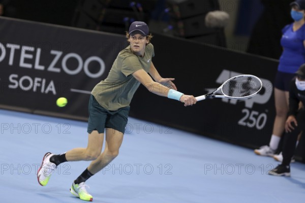 Sofia, Bulgaria - 14 November, 2020: Italy's Jannik Sinner in action during his final match against Canada's Vasek Pospisil during the Sofia Open ATP 250 tennis tournament, Sofia, Bulgaria