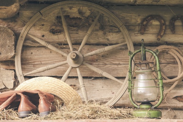 Rural retro still life. Table near the granary