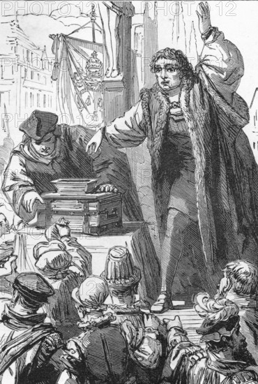 Line drawing of Tetzel selling indulgenses, the incident that prompted Martin Luther to challenge the Roman Catholic Church in 1517