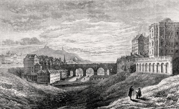 The old North Bridge, from the west, with Calton Hill in the background, in 1829, Edinburgh, Scotland, United Kingdom