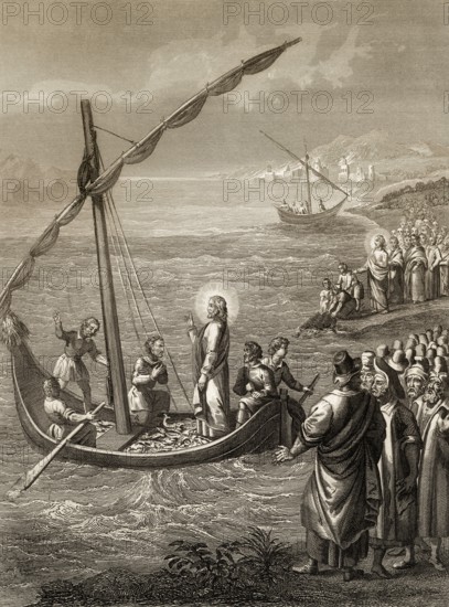 Miraculous Catch of Fish, Steel engraving 1853, digitally restored