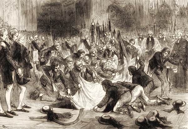 Horatio Nelson's funeral at St Paul's Cathedral on 9 January 1805, sailors tearing his flag apart for souvenirs, From British Battles on Land and Sea by James Grant