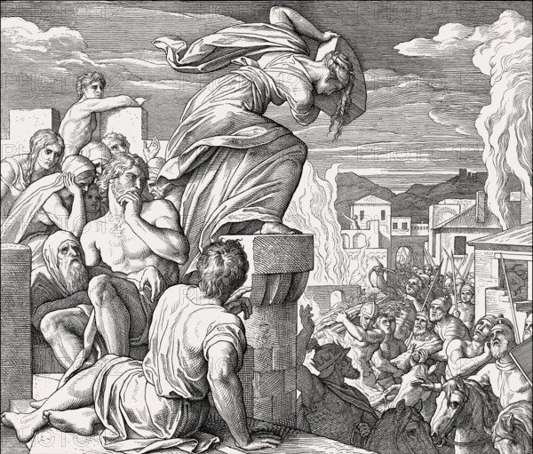 Battle of Thebaz, Death of Abimelech, Old Testament, by Julius Schnorr von Carolsfeld, 1860