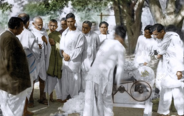 Mahatma Gandhi visiting rural reconstruction center, West Bengal, India, Asia, February 18, 1940