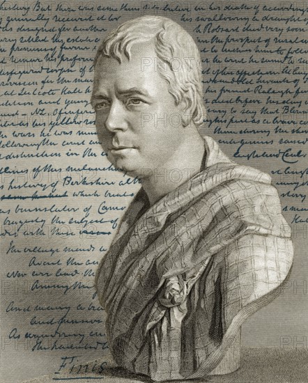 Porträt und Manuskript des Romans Kenilworth von Sir Walter Scott, 1. Baronet von Abbotsford, 1771 - 1832, schottischer Dichter und Schriftsteller
