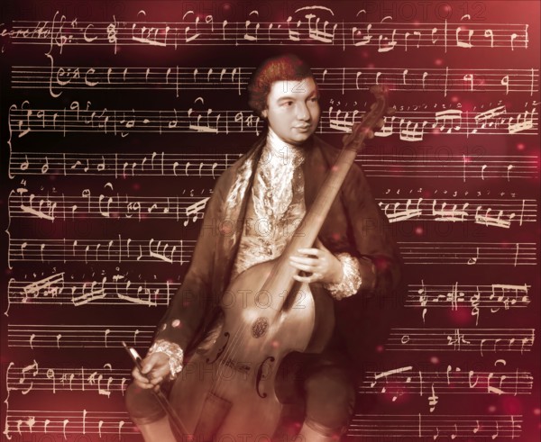 Carl Friedrich Abel, 1723? – 1787, German composer, digitally edited according to a painting by Thomas Gainsborough, Sonatas for viola da gamba and bass, written in the author's own hand