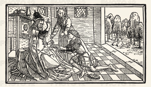 Isaac blesses Jacob, Middle Low German Lübeck Bible, by Steffen Arndes, 1494, digitally restored