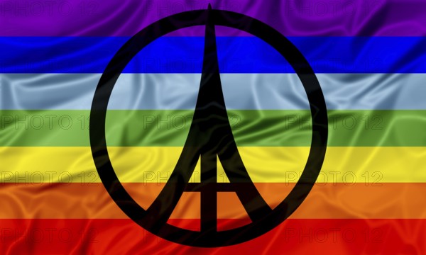 The international flag of peace with peace and Eiffel Tower symbols inside