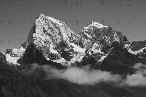 Black and white image of Cholatse and Taboche in autumn, Nepal