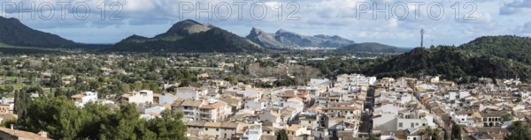 Pollenca, Spain, 12 28 2017: Extra large panoramic view over the village and mountains